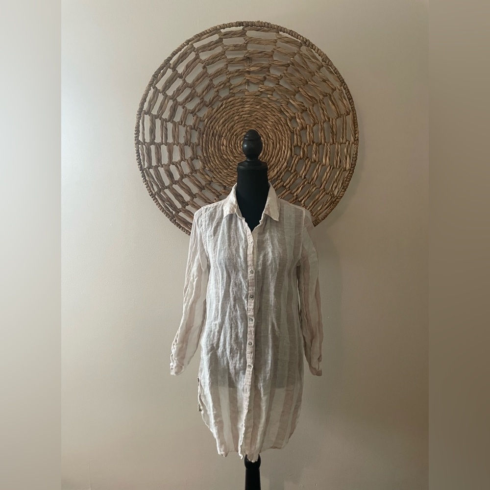 White & Beige Linen Striped Button-Up Shirt
